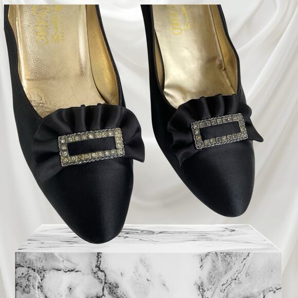Ferragamo Black Silk Satin Pumps Heels Evening Shoes Italy Vintage 80s 9 B Women - Picture 4 of 16